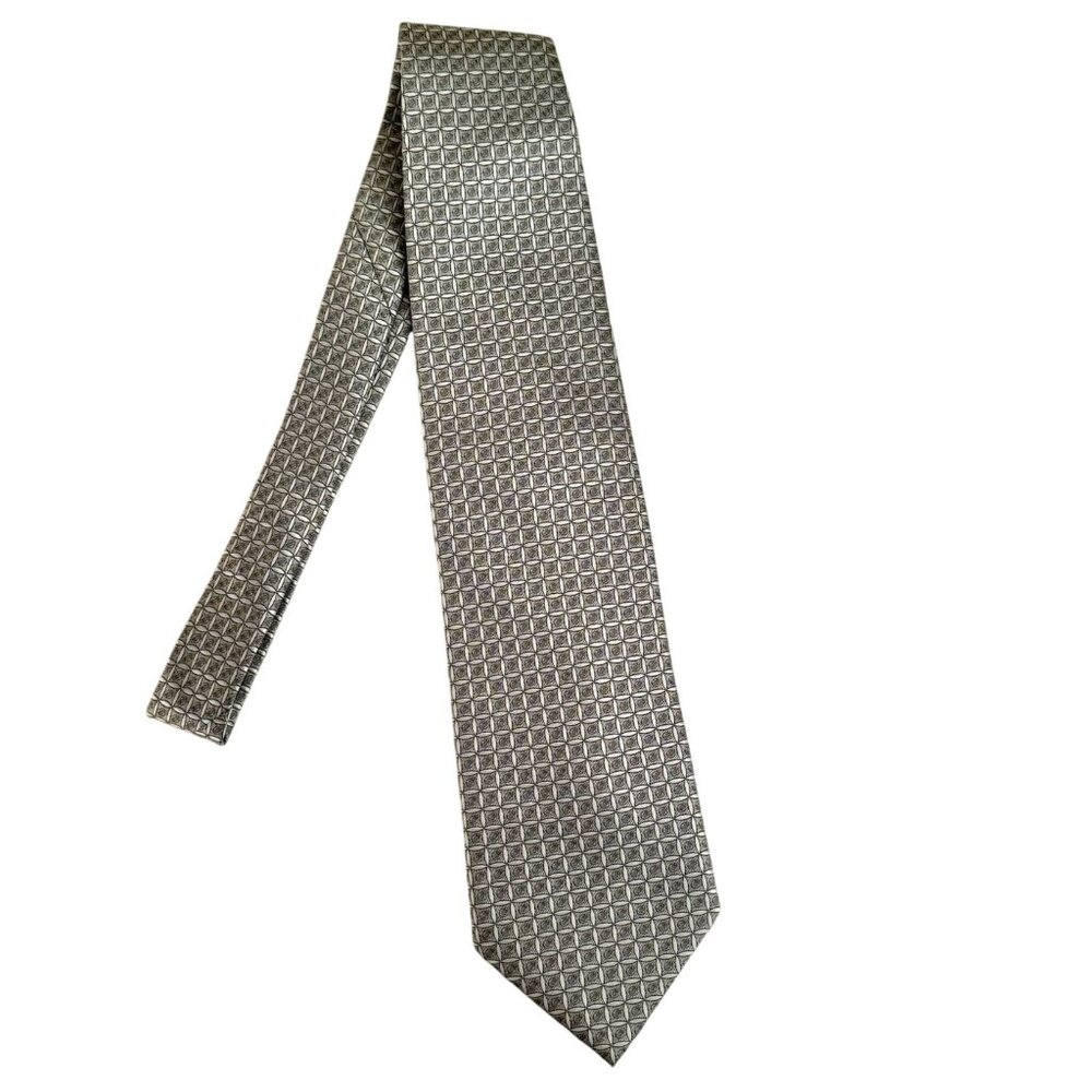 Herve Benard Mens Silk Handmade Geometric Pattern Necktie Silk 4 inch Wide Silve